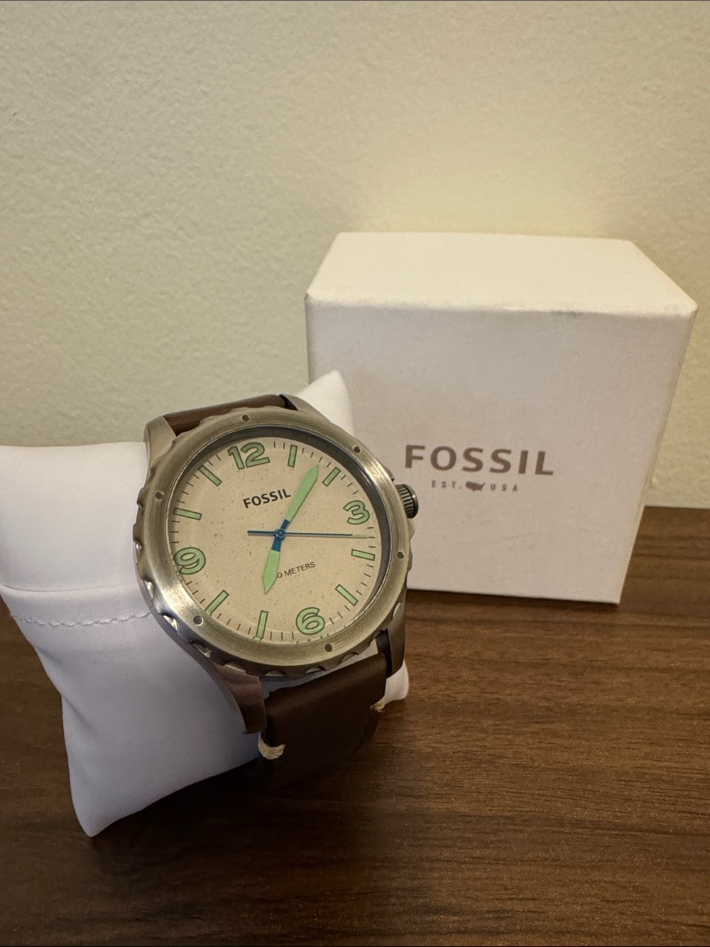 Fossil Nate JR1461 Men's Brown Leather Watch with Cream Dial and Green Accents